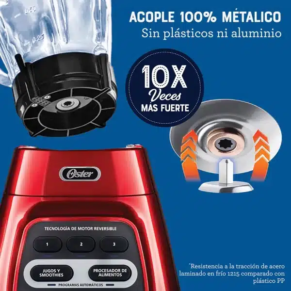 Licuadora Oster® roja con programas automáticos, tecnología reversible y vaso Blend-N-Go - Image 4