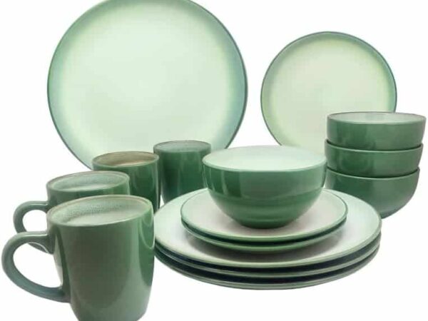 Vajilla De Cerámica De 16 Piezas: Taza, Plato Sopero, Ensaladero Y Trinche 23C120 Verde Con Blanco
